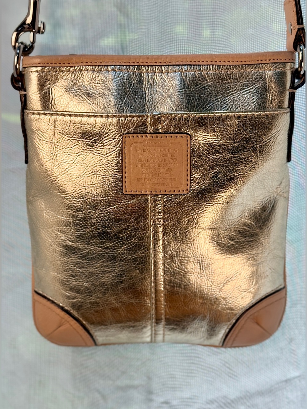 Coach Swingpack Metallic Gold Crossbody Bag Leather Trim EUC